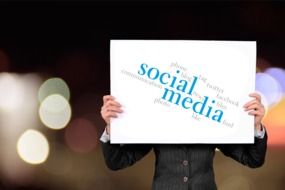 woman with banner social media