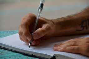 male hand writes in a diary