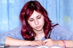 Study, young Girl Writing on Notebook