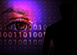 Internet Risk, collage, eye and black silhouette at binary code