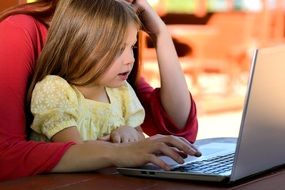 Child Girl with mother in front of laptop