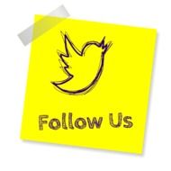 follow us on a yellow sticker