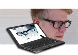 man in binary digits on laptop screen