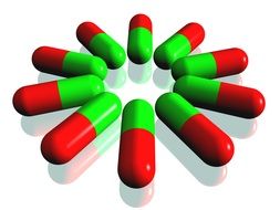 red and green drug capsules, render