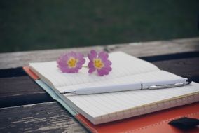 Violet and yellow flowers and pen on the notebbok