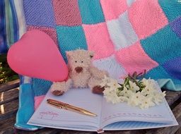 Notebook,pen,white flowers,hearts and teddy bear