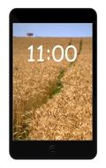 black smartphone with the image of a wheat field