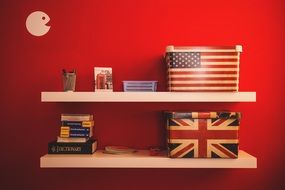 american style boxes on white shelves