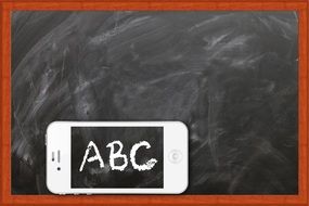 a, b, c letters on screen of smartphone at black Board, digital art