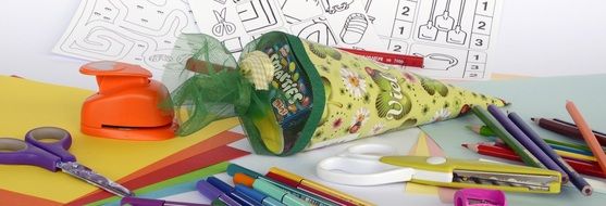 school cone with crayons