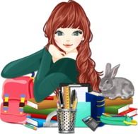 girl with a hare on school books