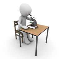 3D human figure looking through a microscope