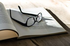 black glasses on an open book