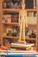 wooden doll on books