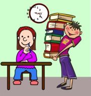 cartoon boy holds high stack of books and girl sits at table in room