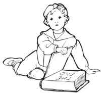 Black and white drawing of the child reading