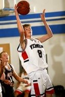athlete throws a ball into a ring in basketball