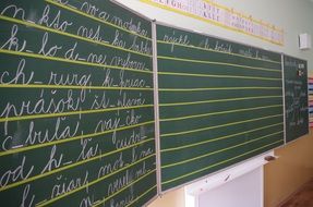 Chalk Writing on Blackboard in classroom