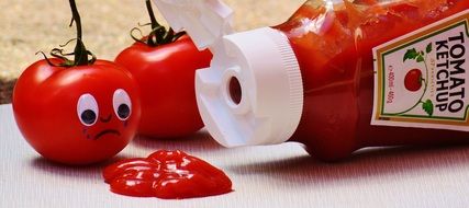 Tomatoes Ketchup and Sad cartoon tomato