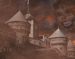 Ghost face in sky above tower, Halloween illustration