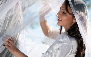 beautiful girl in a white dress with a veil