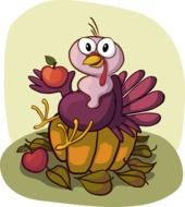 Turkey is sitting on the pumpkin with the apples clipart