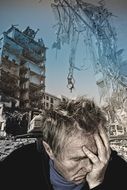 sad man on the background of the destroyed city