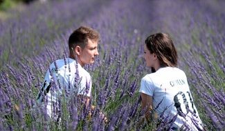 couple in love sits on a lavender field