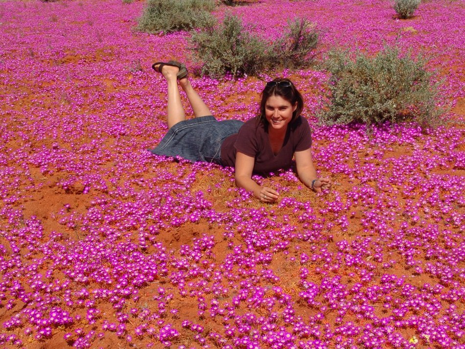 happy pretty young Woman lays among Wildflowers