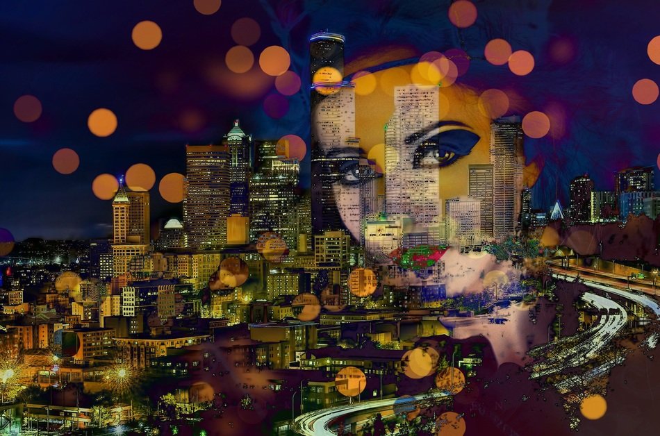 female face on night city background