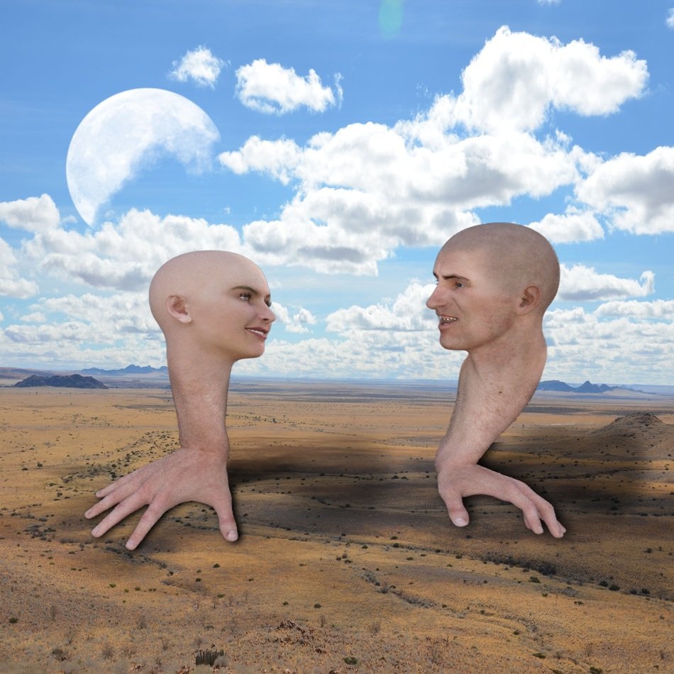 figures of people in the form of hands under the clouds