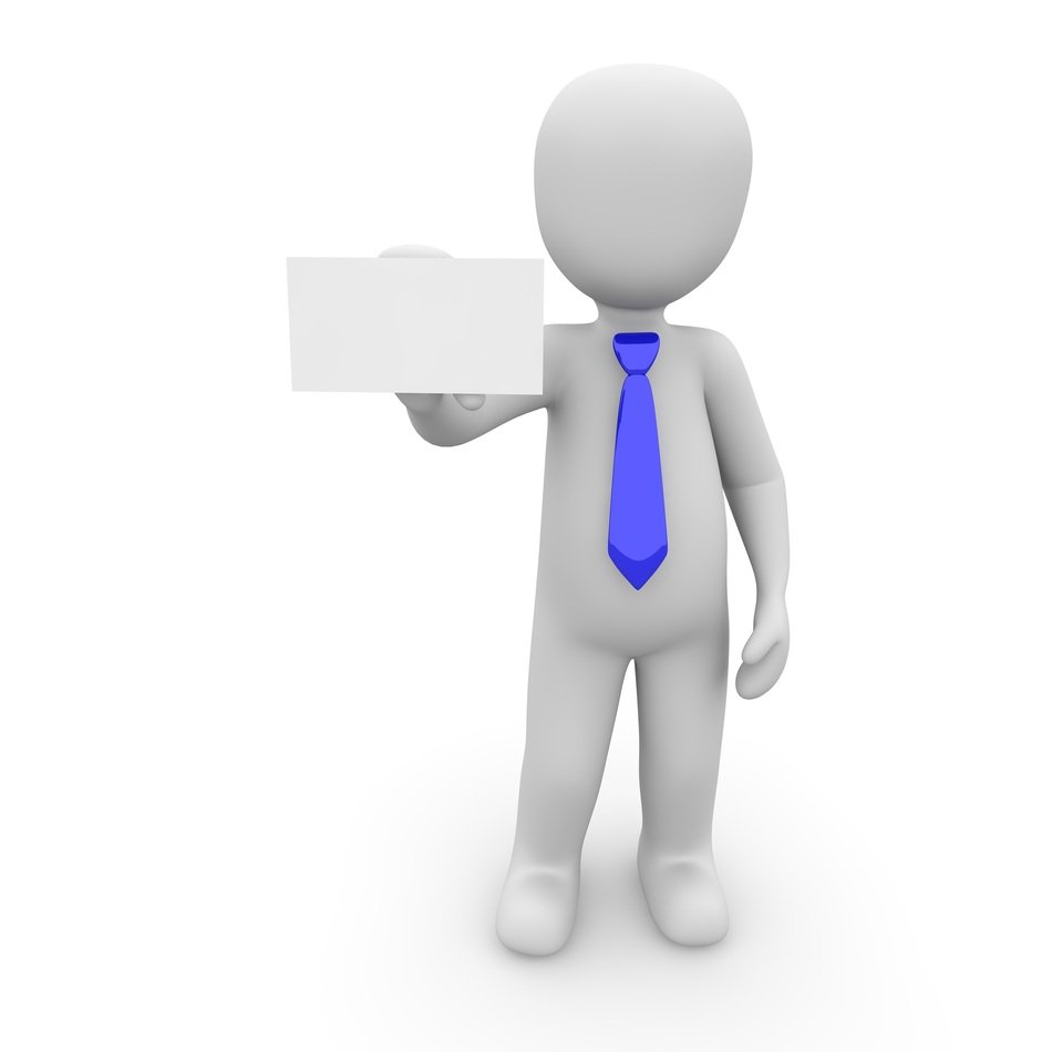 figure of a man in a blue tie with a card in hand