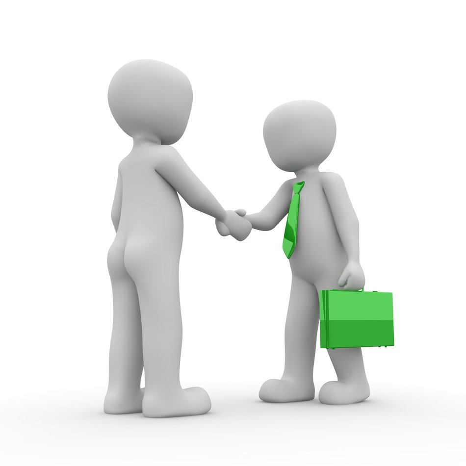 man's handshaking, person in green tie and with green folder