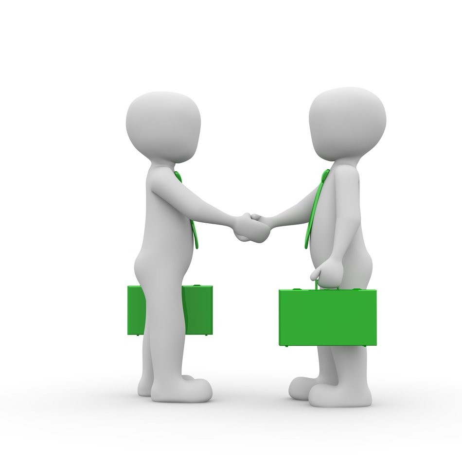 handshake of white people figures with green portfolios
