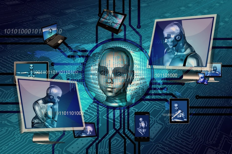 cyborg pictures on blue background with lines