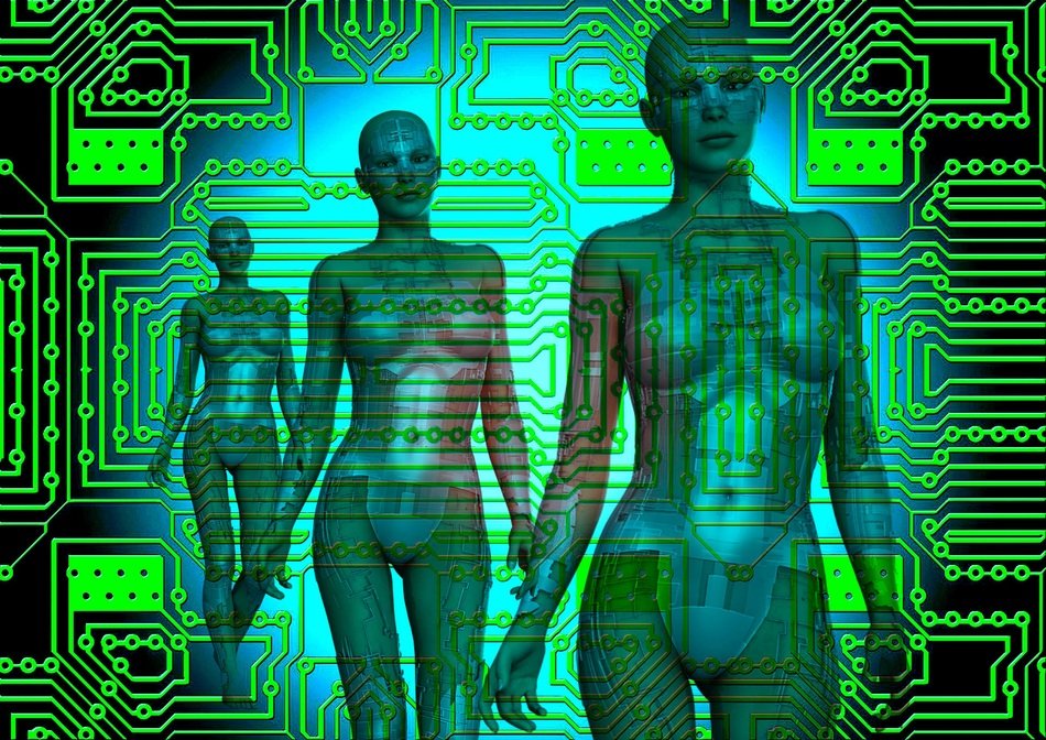 cyber robots on the background of the motherboard