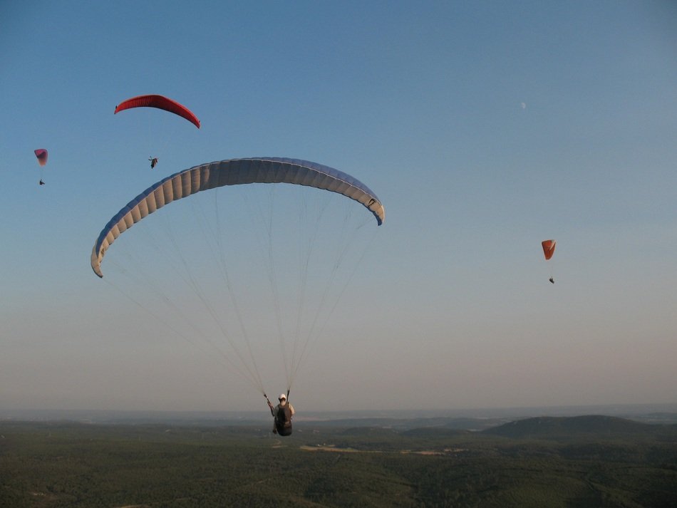 Paragliders in sky at evening