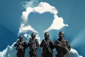 four soldiers on the background of the heart of the clouds