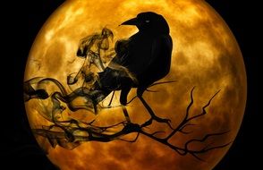 black raven on the background of the mystical golden moon