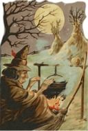 Witch at campfire in Forest, Halloween illustration