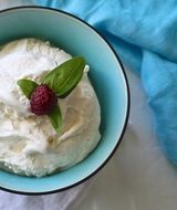 Ice Cream with Fruit in a blue bowl