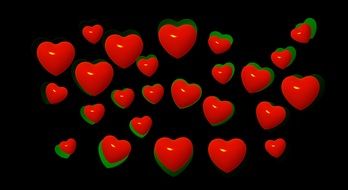 romantic red and green dimensional hearts