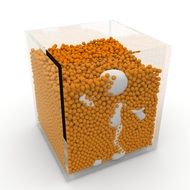 white figure in a cube with balls
