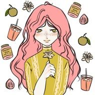 painted girl with pink hair surrounded by fruit and jam