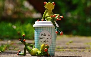 figures of frogs on a glass with coffee on a sunny day