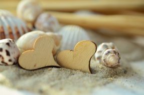 wooden hearts and shells on sand