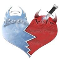 love and hate, illustration with heart in two parts