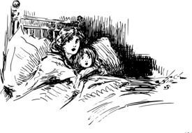Black and white drawing of the woman with the child on the bed