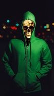 Picture of the skull in a green hoodie