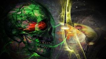 mystical image of a skull and a man in a hood